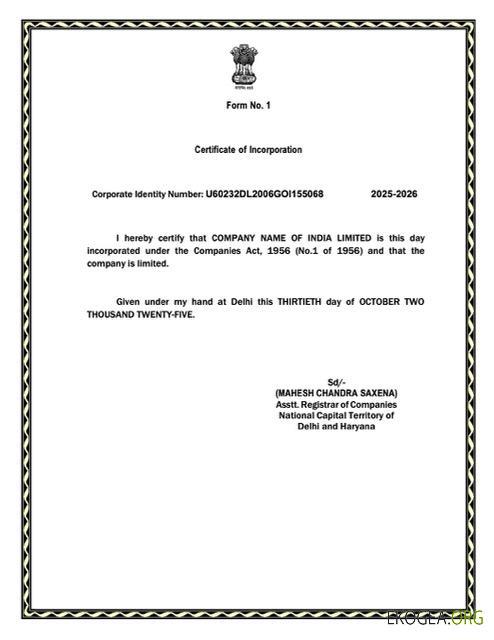 Modèle Word et PDF de certificat de constitution en Inde, version 5